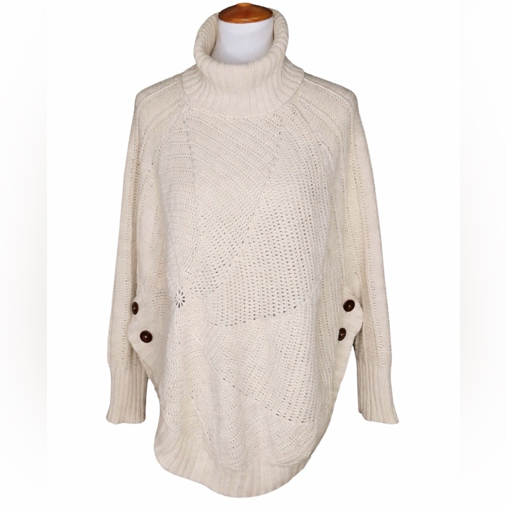 Anthropologie Angel of the North Cream Crochet Turtleneck Sweater Poncho